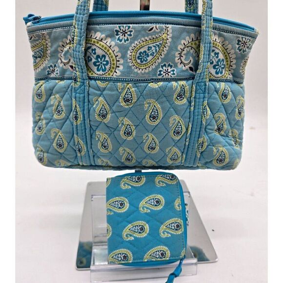 Vera Bradley Quilted Paisley Tote & Matching Wallet Set Blue & Green Cotton Styl - Picture 2 of 6